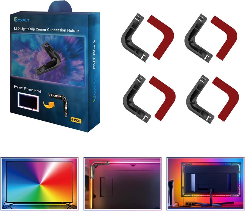 BOXPUT LED Light Strip Corner Connectors TV LED Light Corner Brackets 90 Degree Mounting Clips Holder Gapless Connectors for 8mm-12mm LED Strip Lights CH1 (Black) - Image 1